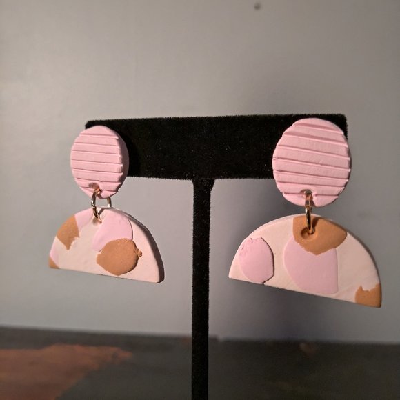 Pink and Gold Half Circle Dangle Earrings - Picture 3 of 9